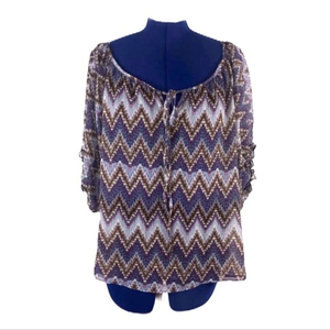 Lulu E Bebe‎ L semi sheer chevron pattern blue/purple/brown peasant style top
